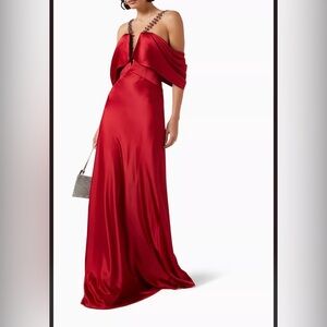 Ozgur Masur Elegant Red Plunge Dress with Embellished Straps